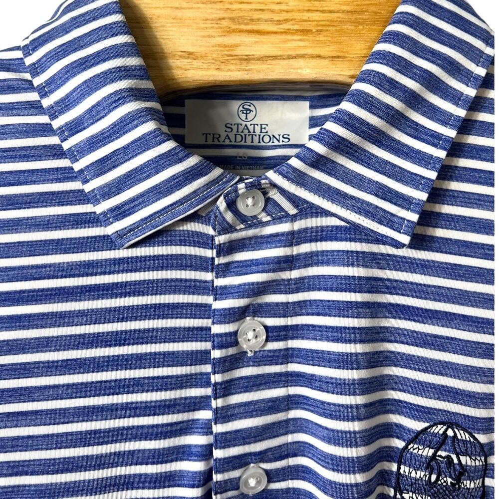 State Traditions Blue & White Striped Polo - Size Large